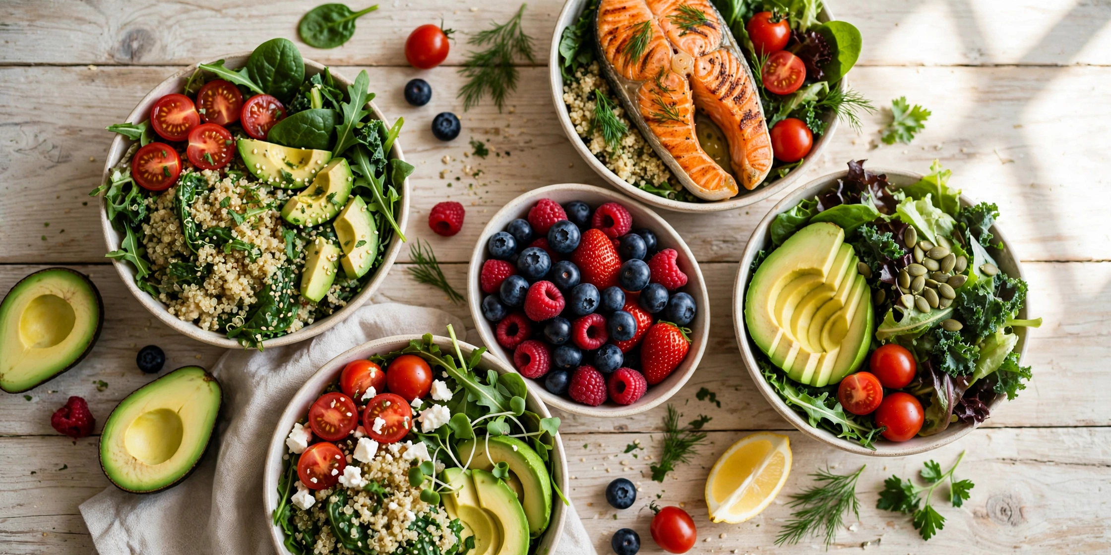 Healthy meal prep bowls with salmon, quinoa and fresh vegetables