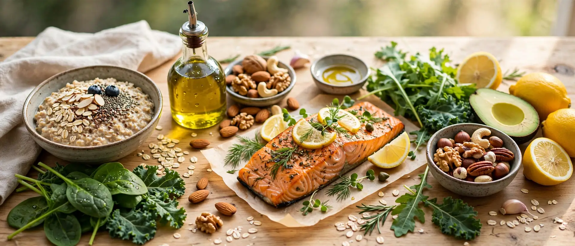 Heart-healthy foods like salmon and olive oil to lower cholesterol